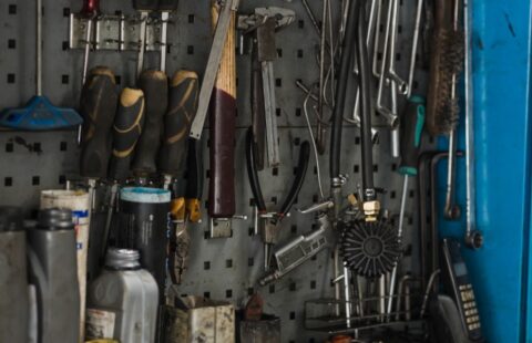 Organised tools on a pegboard inside a business storage unit in Brisbane