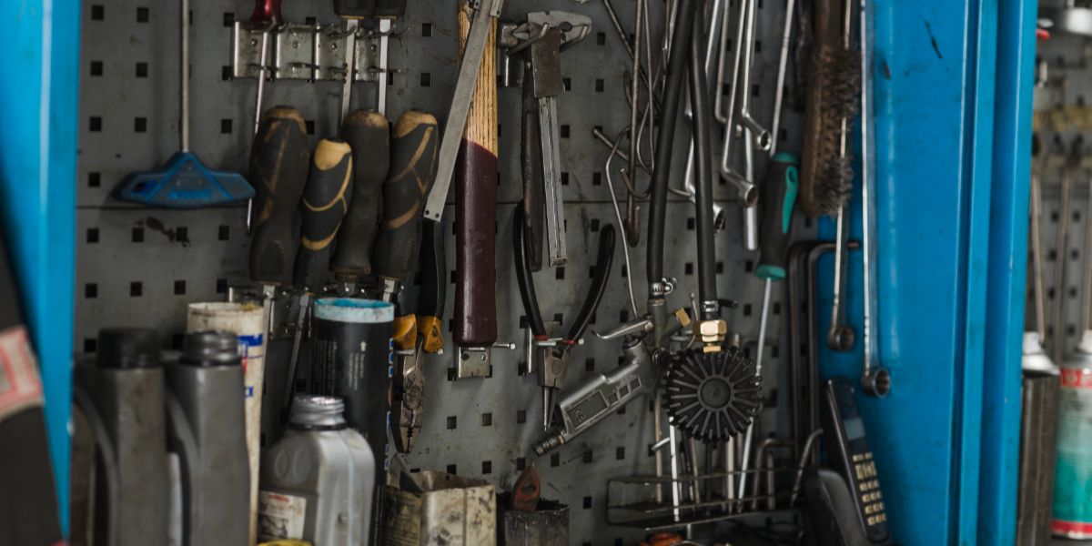 Organised tools on a pegboard inside a business storage unit in Brisbane